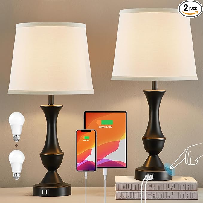 Touch Table Lamps Set of 2, 22" Tall Bedside Lamps with USB C+A Ports, 3-Way Dimmable Nightstand lamps, Table lamp for Bedrooms, Living Room, Office, Black Lamp with White Lampshade, Bulbs Included