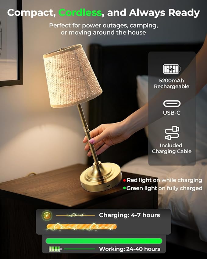 Cordless Rechargeable Lamp, Touch Dimmable Bedside Table Lamp with 3 Fabric Shade, 5200mAh Small Wireless Led Lamps for Nightstand, Portable Lamp for Bedroom, Living Room, Kitchen Counter, Brass