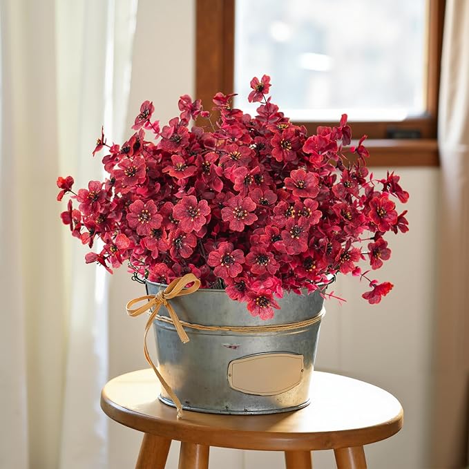 RECUTMS Realistic Artificial Plants Artificial Mums Fall Flowers Fake Fall Plant UV Resistant Fake Flowers Realistic Eucalyptus Leaves Silk Mums Faux Autumn Plant for Thanksgiving Home Decor(Wine Red)