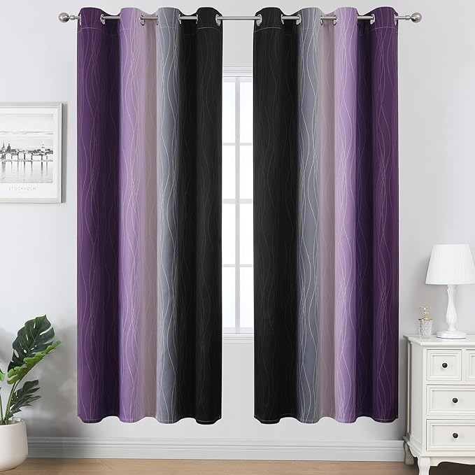 Estelar Textiler Purple and Black Blackout Curtains for Living Room, Full Room Darkening Grommet Ombre Curtains for Bedroom, Thermal Insulated Light Blocking Gradient Drapes, 52Wx72L, 2 Panels