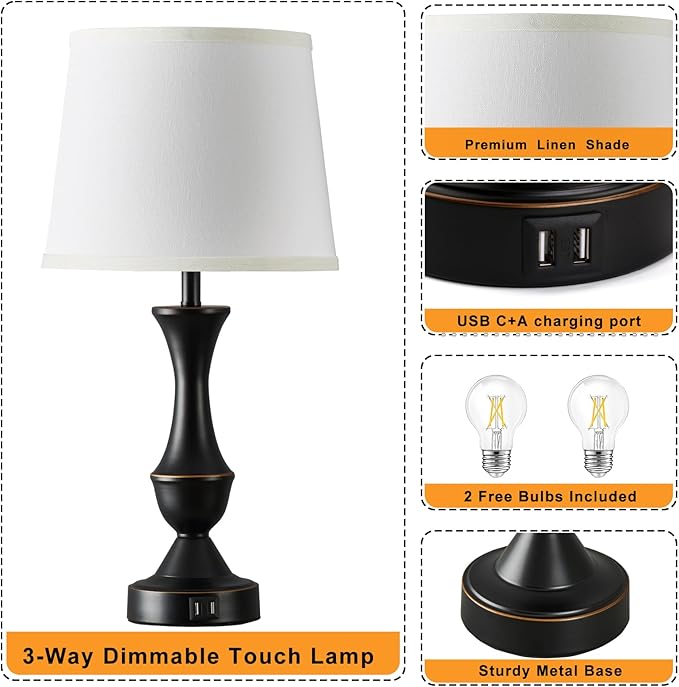Touch Table Lamps Set of 2, 22" Tall Bedside Lamps with USB C+A Ports, 3-Way Dimmable Nightstand lamps, Table lamp for Bedrooms, Living Room, Office, Black Lamp with White Lampshade, Bulbs Included
