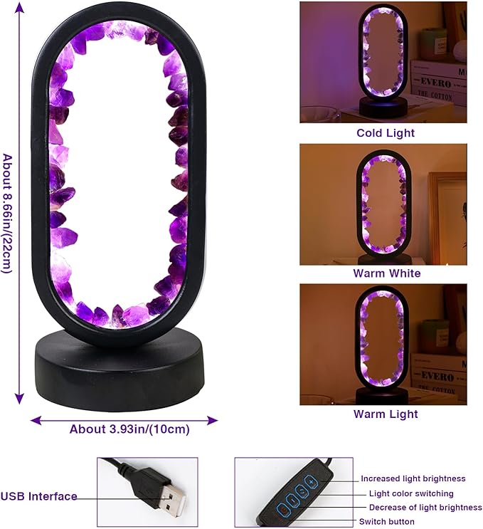 Runyangshi Crystal Lamp Amethyst Raw Stone Ellipse Night Lamp Natural Healing Crystal Night Light Table Lamp Base USB Port 3 Colours Mode for Bedroom Bedside Lamp Office Home Decor Gift