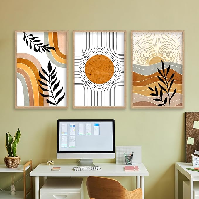 Geometric Sun Desert Plant Wall Art 16"x24" Set Of 3 Boho Wooden Framed Abstract Minimalist Sign Living Room Aesthetics Botanical Nature Illustrations Bedroom Office Wall Hanging Decor (Wood)