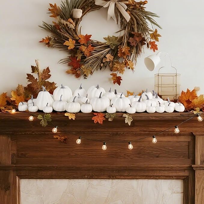 winemana 46 Pcs Assorted Size Artificial Pumpkins Fall Decorations, White Foam Pumpkin Autumn Decor, Decorative Faux Pumpkin for Halloween Thanksgiving Table Centerpiece Mantle Bowl Wedding Party