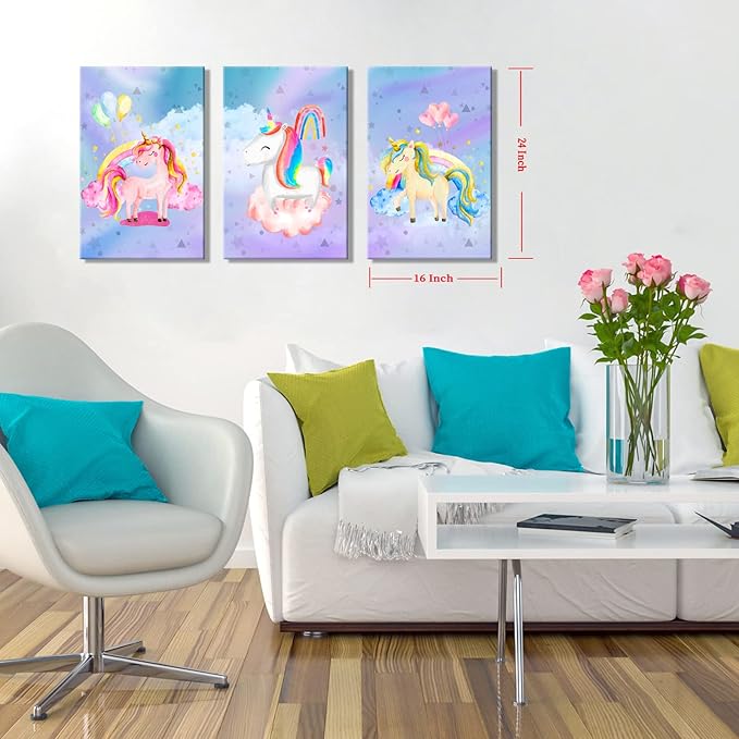 YUANAND Unicorn Wall Art Girl's Bedroom Decor - Rainbow Canvas Pictures for Kids Nursery Home Decor - Watercolor Framed Posters Paintings