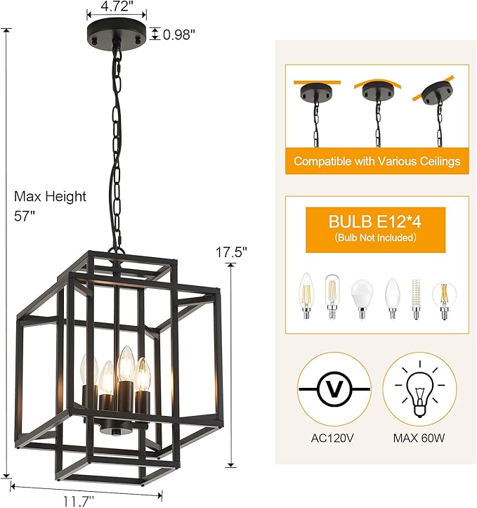 4-Light Black Chandelier,Semi Flush Light Fixture for Farmhouse with Metal Cage,E12 Bulb Socket and Adjustable Height for Dining Room,Kitchen Island,Living Room,Staircase, Entryway and indoor