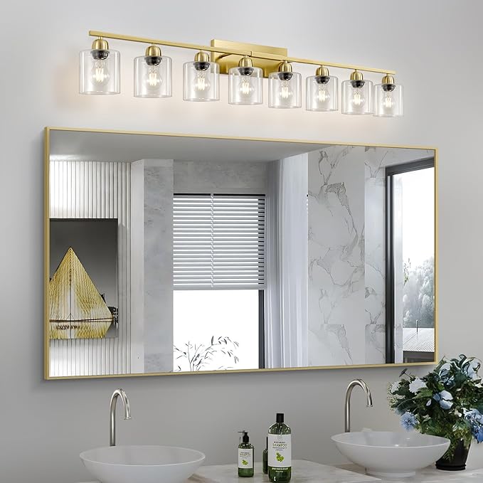8 Light Bathroom Light Fixtures Gold, Brushed Gold Vanity Lights for Bathroom with Clear Glass, 51 inch Wall Sconce for Oversized Mirrors Living Room Bedroom Hallway E26 Base