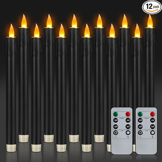 10" Flameless Taper Candles with Remote, 12 Pcs Black Electric Led candlesticks, Plastic Tall Taper Candles Battery Operated with Flickering Flame for Halloween Christmas Wedding Home Décor