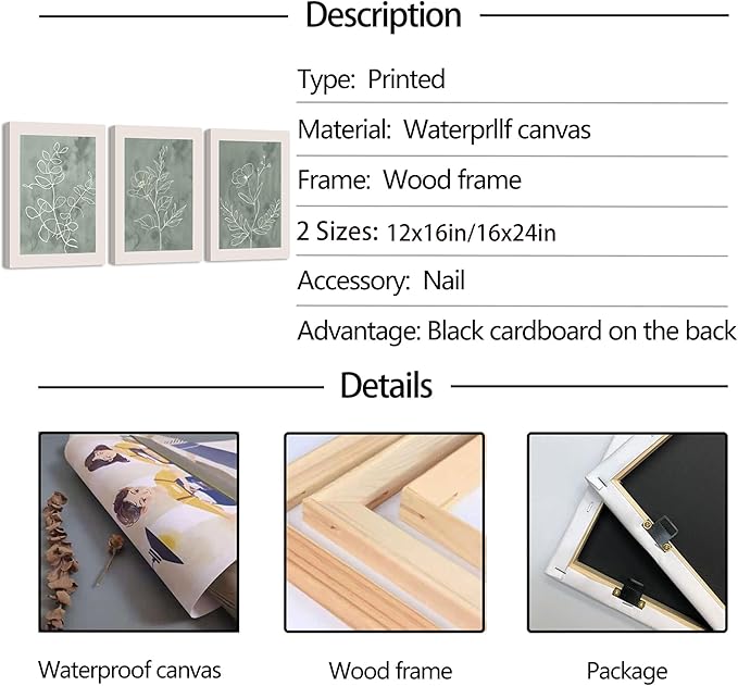 3Pcs Sage Green Botanical Wall Art Line Drawing Floral Canvas Poster Prints Modern Abstract Minimalist Picture Neutral Boho Artwork Simple Painting Wall Decor for Living Room Bedroom 16X24in Framed