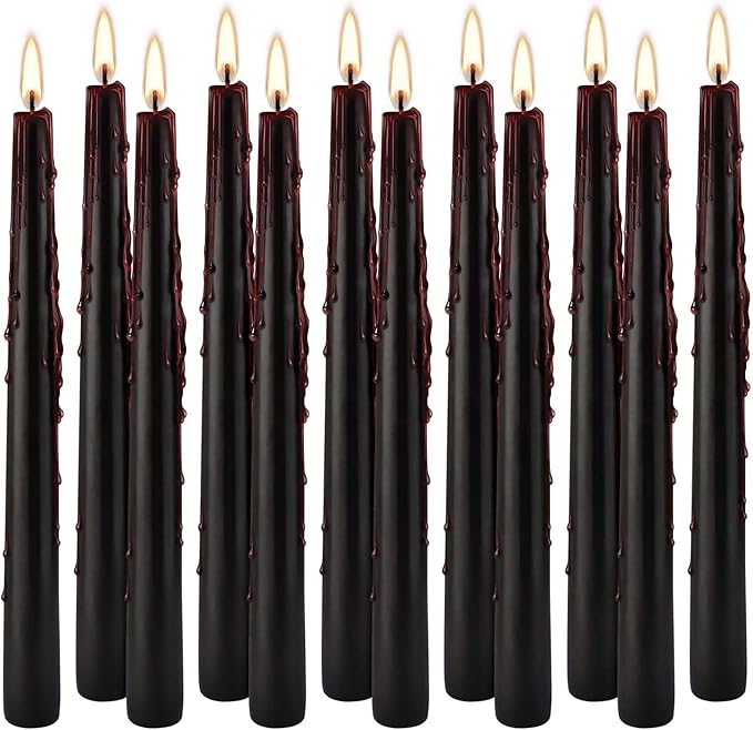 12PCS 10-Inch Black Bleeding Taper Candles,Vampire Tears Taper Candles- Unscented Ideal for Halloween, Christmas, Rituals, and Themed Party Decor