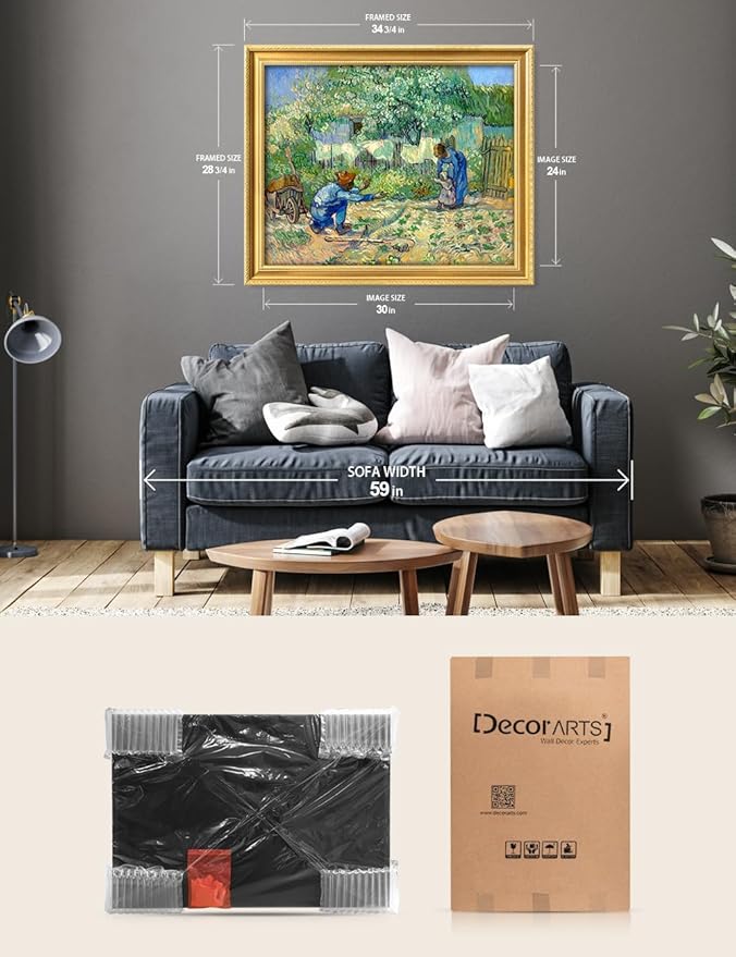 DECORARTS - Vincent van Gogh's First Steps (After Millet), Museum-Quality Giclee Canvas Print in Gold Solid Wood Frame, 34.75 x 28.75 in, Ready to Hang, Made in USA