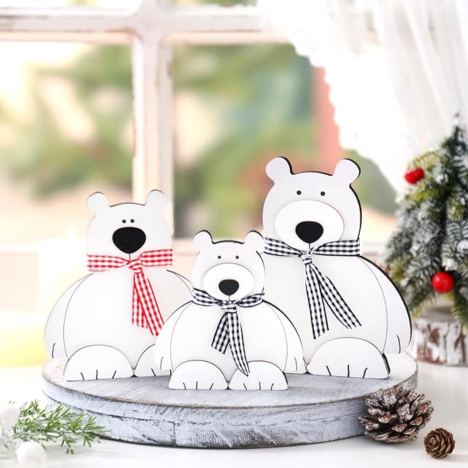 Barydat 3 Pcs Christmas Table Centerpieces Decorations for Home Christmas Rustic Wooden Winter White Bear Nursery Table Sign Decoration for Indoor Home Kitchen Xmas Gifts Party