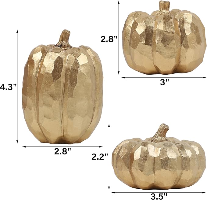 winemana 3 Pack Gold Pumpkins for Decorating – Fall & Thanksgiving Decorations for Home, Table, Fireplace Mantel, Office, Elegant Decorative Pumpkin Autumn Indoor Decor