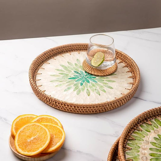 11.81" Decorative Round Mother Pearl Inlay Tray Rattan Wooden Base for Fruit Serving, Coffee Table Tray, Storage and Display Organizer (Green Daisy 13.8)