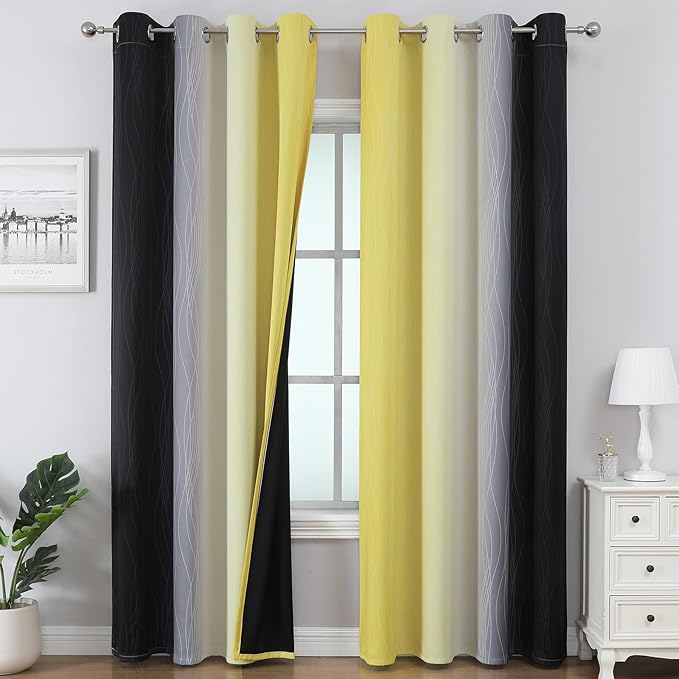 Estelar Textiler Yellow and Black Blackout Curtains 102 Inch Length 2 Panels Set, Thermal Insulated Ombre Grommet Drapes for Bedroom, Full Room Darkening Gradient Curtains for Living Room, 52Wx102L