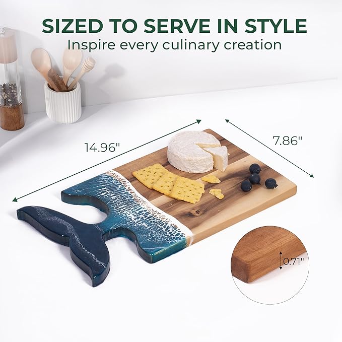Acacia Wood Cutting Board with Ocean Resin Art, 14.9โx7.9โ, Includes Stand & Loofah, Handcrafted Charcuterie Cheese Board & Serving Platter, Great for Dรฉcor, Housewarming, Weddings (Whale Tail)