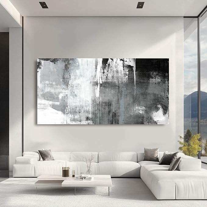 Large Canvas Wall Art/Black And White Abstract Wall Art for Living Room/Hand-Painted Artwork Decor for Dinning Room Bedroom Hotel Office Kitchen 29x58 In
