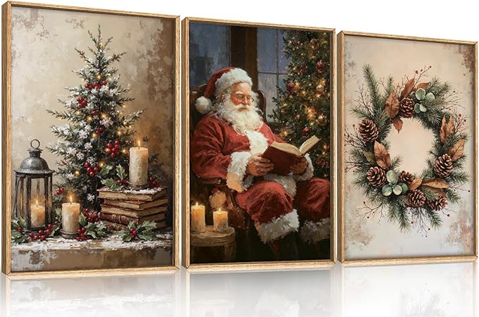 HOURIA Vintage Christmas Framed Canvas Wall Art Set,Santa Claus Reading Book Decor, Wreath Pinecone Berries Artwork,Cozy Night Tree Candle Lantern Prints for Living Room,Xmas 24"x36"x3