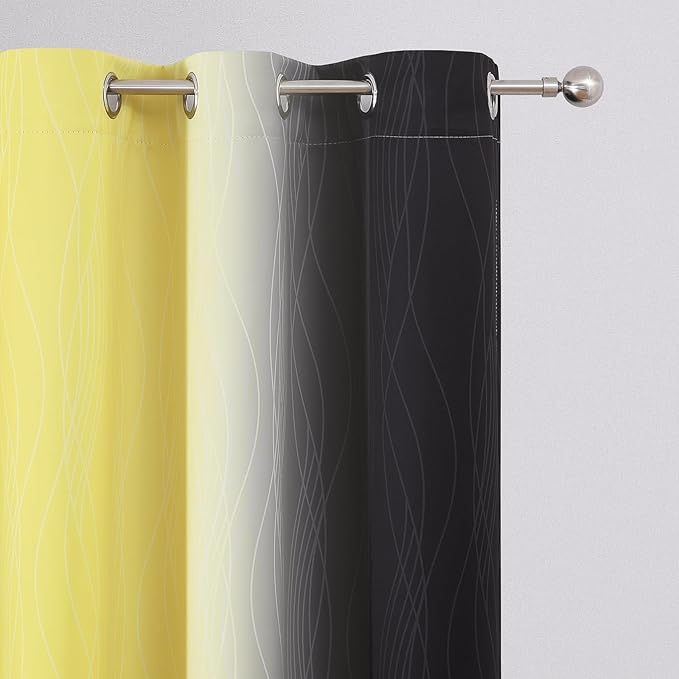 Estelar Textiler Yellow and Black Ombre Blackout Curtains 54 Inch Length, Full Room Darkening Gradient Drapes for Kitchen, Thermal Insulated Grommet Curtains for Short Window, 42Wx54L,2 Panels