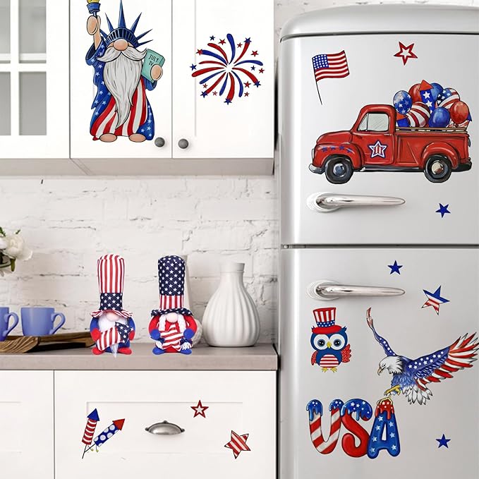 Yovkky 4th of July USA The Statue of Liberty Window Clings 4 Sheets, Patriotic America Red Truck Eagle Owl Stickers Decals Decor, American Fireworks Balloons Stars Stripes Home Kitchen Decorations