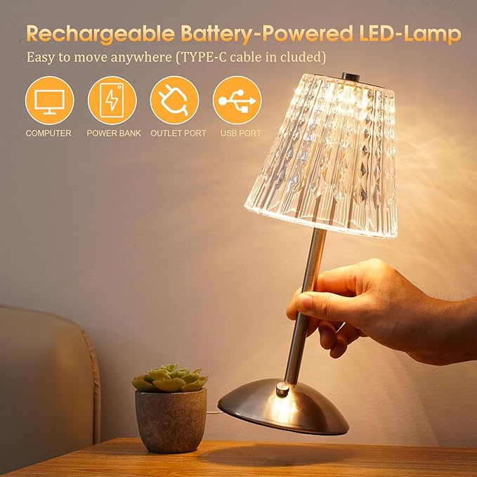 Cordless Touch Table Lamp, LED Rechargeable Small Dask Lamp, 3 Colors Dimmable Battery Operated Crysta Lamp for Bedroom Restaurant Kitchen Home Decor,Silver