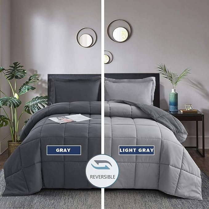 HIG 3pc Gray Full Size Comforter Set - All Season Reversible Down Alternative Comforter with Two Shams - Quilted Duvet Insert with Corner Tabs - Box Stitched Blanket - Breathable, Soft, Fluffy