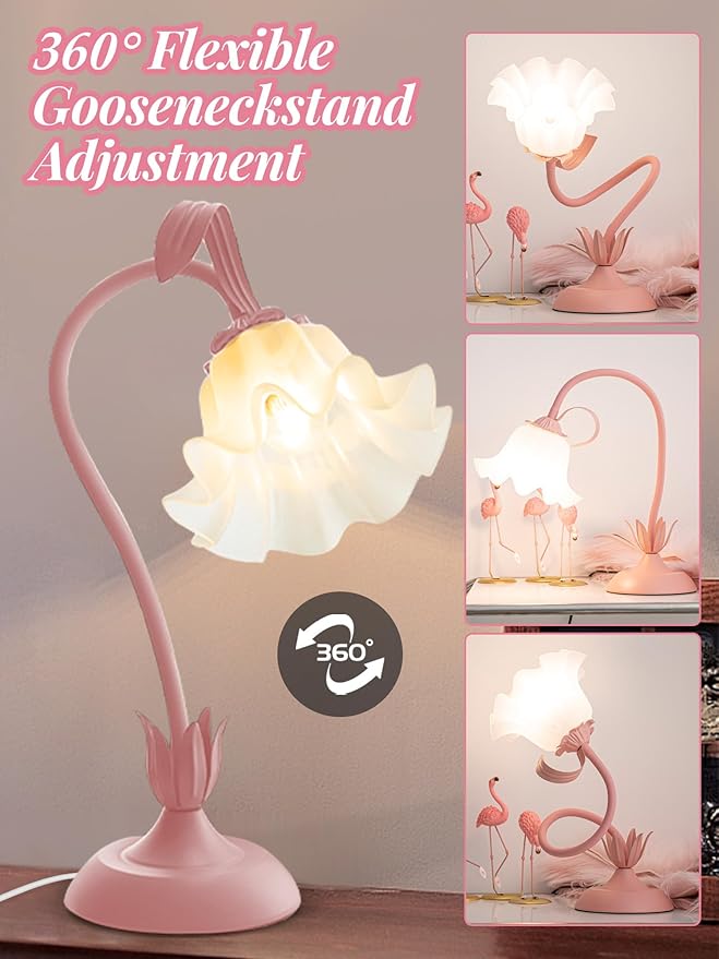 Flower Table Lamp Bedside Lamps LED Reading Light,3 Color Modes Cute Small Lamp,Vintage Flower Lamp Nightstand Lamp Kawaii Table Lamp for Bedroom Living Room Office Dorm Desk Home Decor (pink lamp)