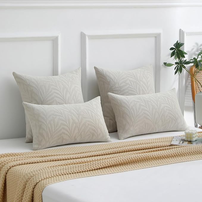 FUTEI Beige Decorative Throw Pillow Covers 24x24 Inch Set of 2,Soft Chenille Phoenix Tail Leaf Textured European Cushion Case,Modern Home Decor for Couch Bed Living Room