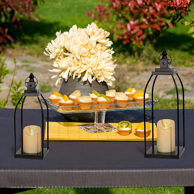 Modern Farmhouse Lantern Decor Outdoor & Indoor- 17'' 14'' Black Metal Candle Lanterns for Christmas, Lanterns Decorative with 2 Flameless Candles for Porch,Patio,Home,Fireplace Mantle Decor