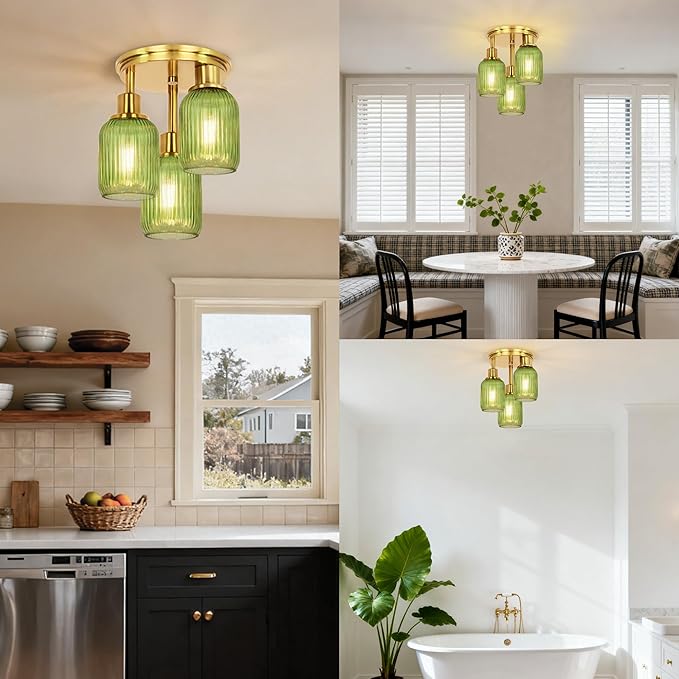 Semi Flush Mount Ceiling Light, 3-Light Close to Ceiling Light Fixtures, Brass Gold Finish Kitchen Light Fixtures with Green Glass Shade Patriot Lighting for Entryway Porch Hallway Foyer