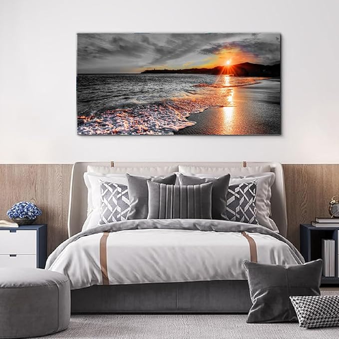 Yxbhhym-Large Pictures for Living Room Wall Décor Black and White Beach Canvas Wall Art Bedroom Ocean Room Décor Seascape Paitnings Poster Sea Sunset Print Art Morden Framed Home Office Artwork