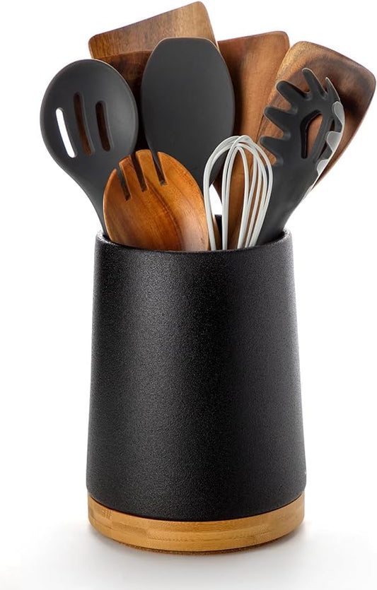 Nucookery 360° Rotating Utensils Holder, 8.2" Extra High Large Ceramic Kitchen Utensil Holder with Countertop-Protection Cork Bottom, Farmhouse Kitchen Decor for Counter (Stone Black)