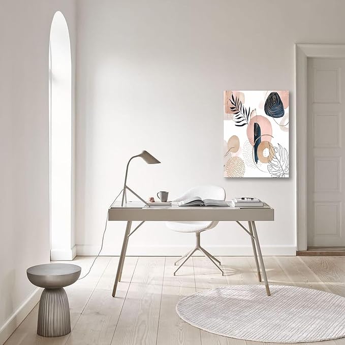 Boho Wall Art Prints, Boho Wall Decor, Abstract Pink and Navy Blue Botanical Design Minimalist Art, Natural Framed Canvas Prints Artwork For Living Room Bathroom Bedroom Wall Decor 12"x16"