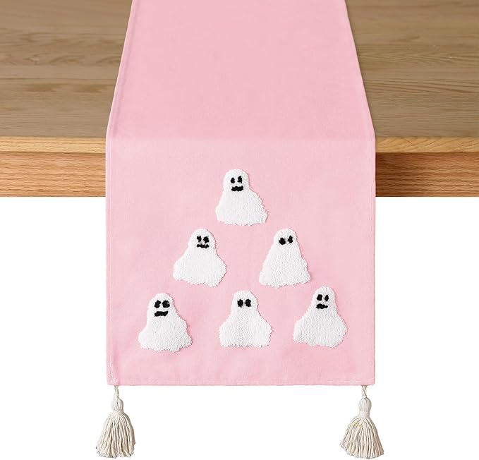 Breling Halloween Ghost Table Runner Jacquard Cute Ghost Halloween Dinner Table Runner Fall 3D Embroidered Kitchen Dining Decoration for Kitchen Farmhouse Holiday Party Decor 13x72" (Pink)