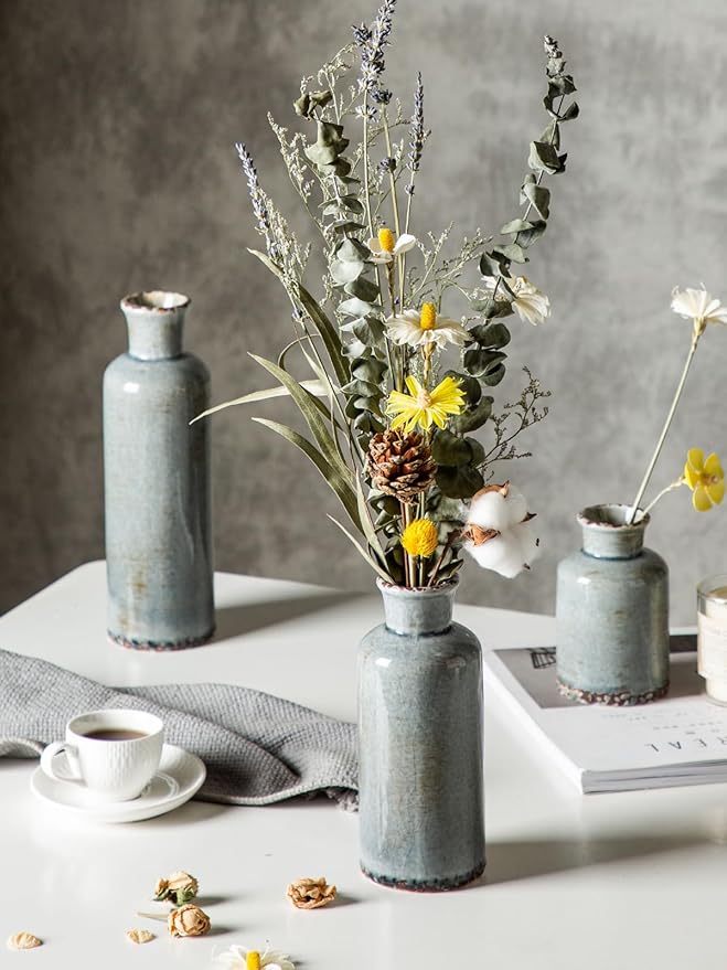 CwlwGO- Ceramic Rustic Vintage Blue Vase, Suitable for Home Decoration, 3 Piece Set of Glazed Decorative Vases, Kitchen, Bedroom.Living Room Table,Shelf Decorations.