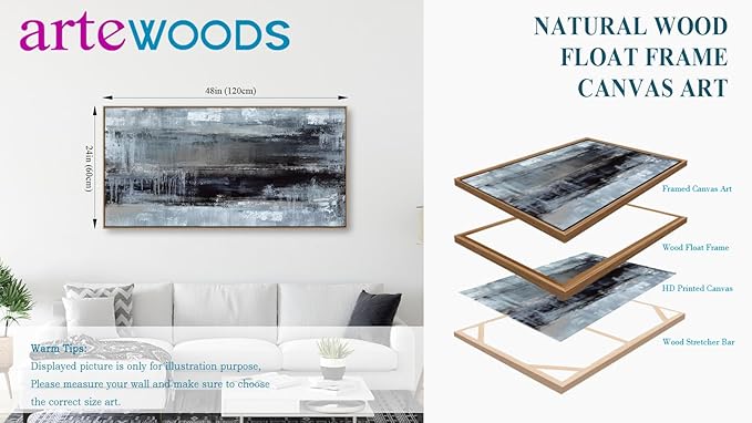 arteWOODS Abstract Framed Wall Art - Deep Blue Black Canvas Pictures Wall Decor Rustic Minimalist Vintage Painting Artwork Elegant Stylish Prints for Living Room Bedroom 48 x 24in Natural Wood Frame