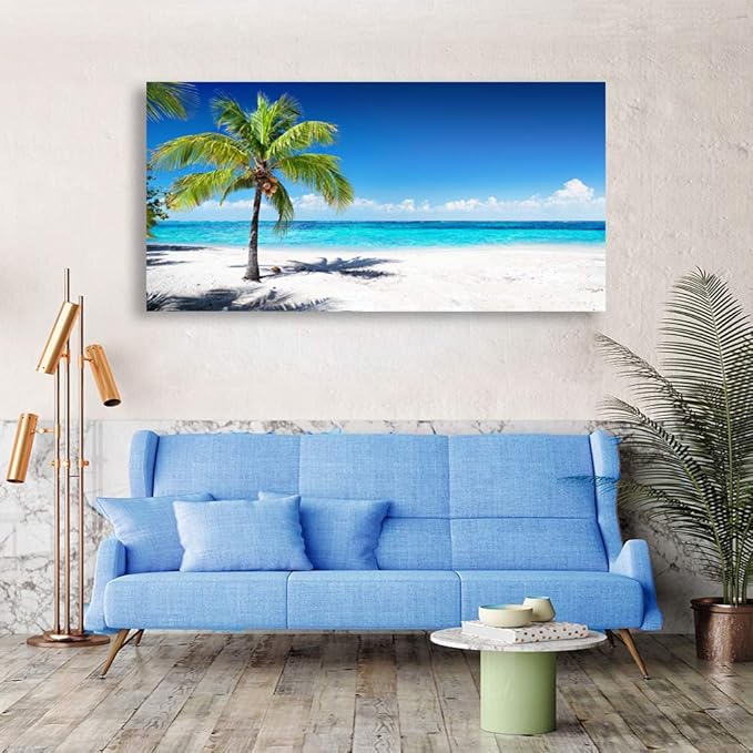 Baisuart-Large Canvas Wall Art Summer Ocean Waves Coconut Trees on Sands Beach Seascape Painting Sea Nature Pictures for Living Room Home Office Wall Decor Artwork
