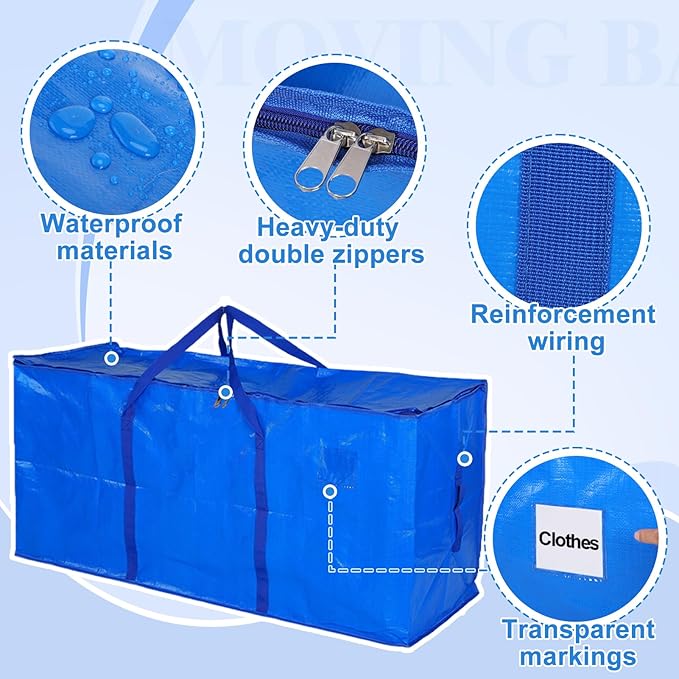 66 Gallon Extra Large Moving Bags - Heavy Duty Storage Bags with Zipper & Strong Handles, Blue Packing Bag for Moving, Storage, Travel and Camping, College Dorm & Home Supplies, 1 Pcs
