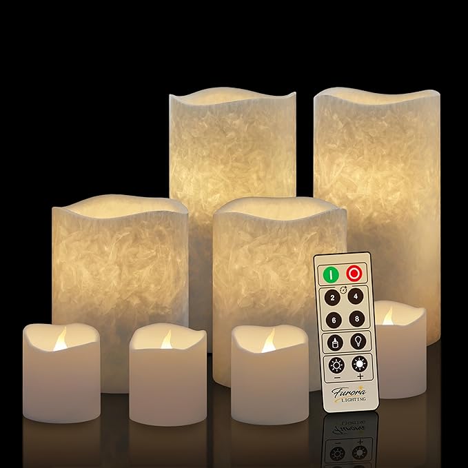 FURORA LIGHTING LED Flameless Candles with Remote Control, White in Set of 8, Real Wax Battery Operated Pillars and Votives LED Candles with Flickering Flame and Timer Featured