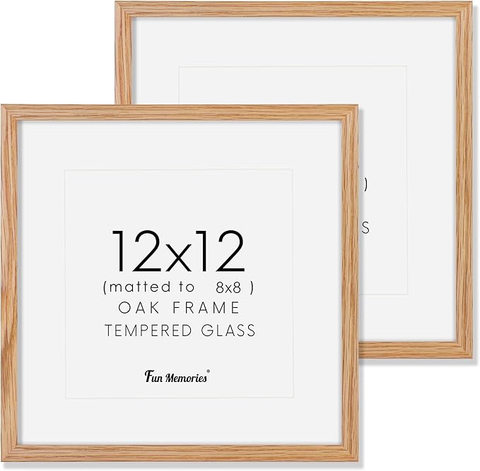 12x12 Picture Frame Set of 2, Oak Wood 12 x 12 Photo Frames for Wall, Square 12 by 12 Wood Frames with Real Glass, 12x12 Frame Matted to 8x8, 12 x 12 Wall Gallery Frame Set
