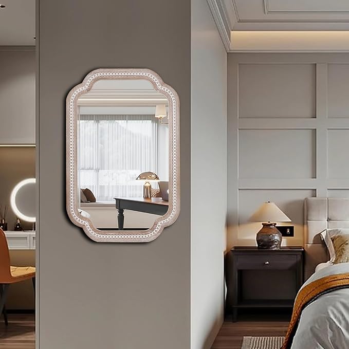 36x24'' Boho Decorative Wall Mirrors with Beaded, Wooden Scalloped Bathroom Mirrors for Over Sink, Farmhouse Style for Bedroom, Living Room, Entryway - Vertical/Horizontal Hanging