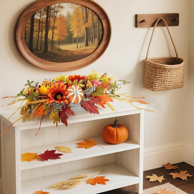 Fall Centerpieces for Tables – 28" Autumn Thanksgiving Table Decoration with Sunflowers, Pumpkins, Apples & Maple Leaves – Rustic Fall Table Decor for Home, Kitchen, Fireplace, Dining Table