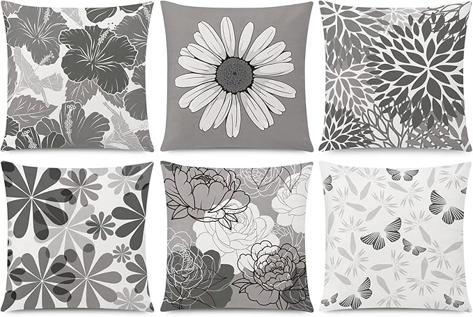 COMMINY Grey Pillow Covers 18x18 Set of 6 Decorative Daisy Flower Throw Pillow Cover for Couch Modern Cushion Cover for Patio Living Room Cushion Bed Farmhouse Home Decor
