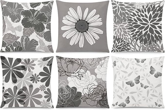 COMMINY Grey Pillow Covers 18x18 Set of 6 Decorative Daisy Flower Throw Pillow Cover for Couch Modern Cushion Cover for Patio Living Room Cushion Bed Farmhouse Home Decor