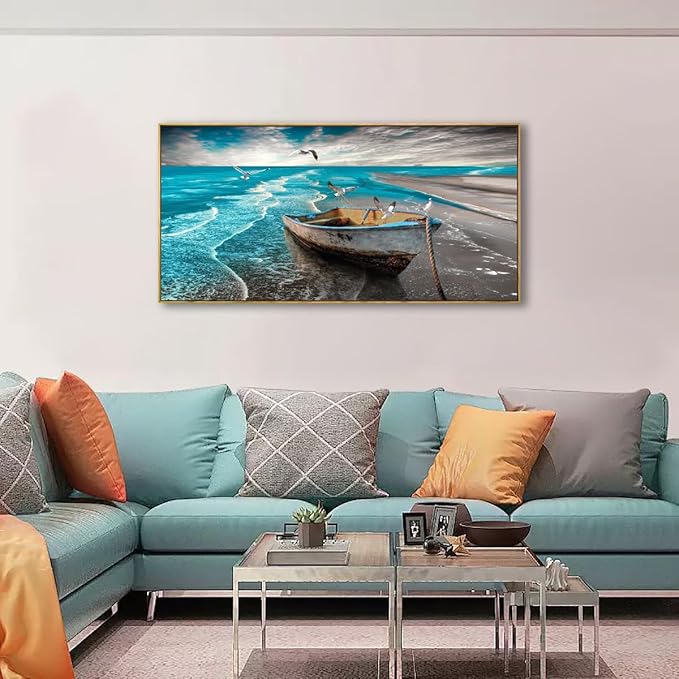 Ocean Canvas Wall Art Prints Waves Seascape Paintigns Boat Seagulls Beach Wall Decor for Living Room Bedroom Natural Scenery Artwork 20 * 40inch