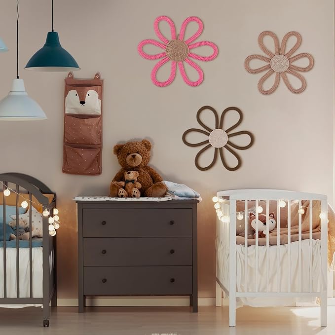 Barydat 6 Pcs Boho Nursery Decor Daisy Flower Woven Macrame Wall Hanging 3 Size Daisy Flower Wall Decor Bohemian Nursery Decorations for Home Dorm Art(Classic Color)