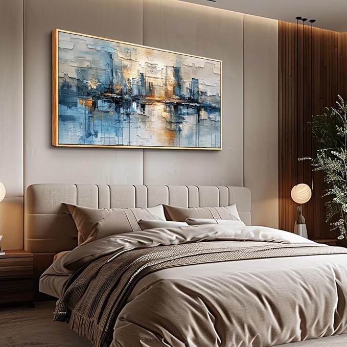 ZUITINGHUA Large Wood Framed Decor For Living Room Canvas Wall Art For Office Wall Decorations For Bedroom Blue Abstract Painting Modern Pictures Artwork Room Home Decor 24x48 In