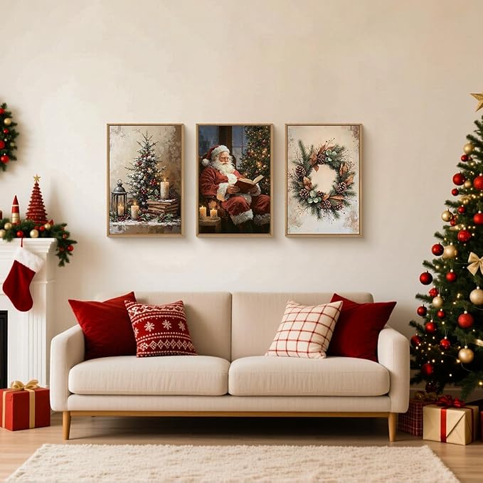 HOURIA Vintage Christmas Framed Canvas Wall Art Set,Santa Claus Reading Book Decor, Wreath Pinecone Berries Artwork,Cozy Night Tree Candle Lantern Prints for Living Room,Xmas 24"x36"x3