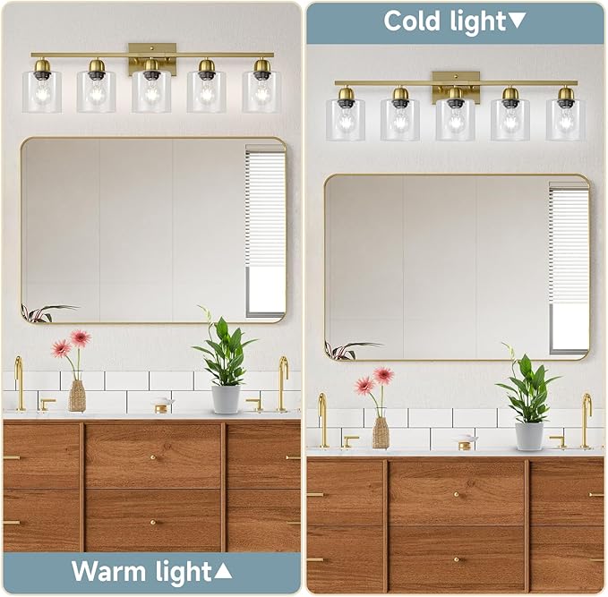 5 Light Brushed Gold Bathroom Light Fixtures, Gold Bathroom Light with Clear Glass, 30 inch Wall Sconce for Mirror Living Room Bedroom Hallway E26 Base