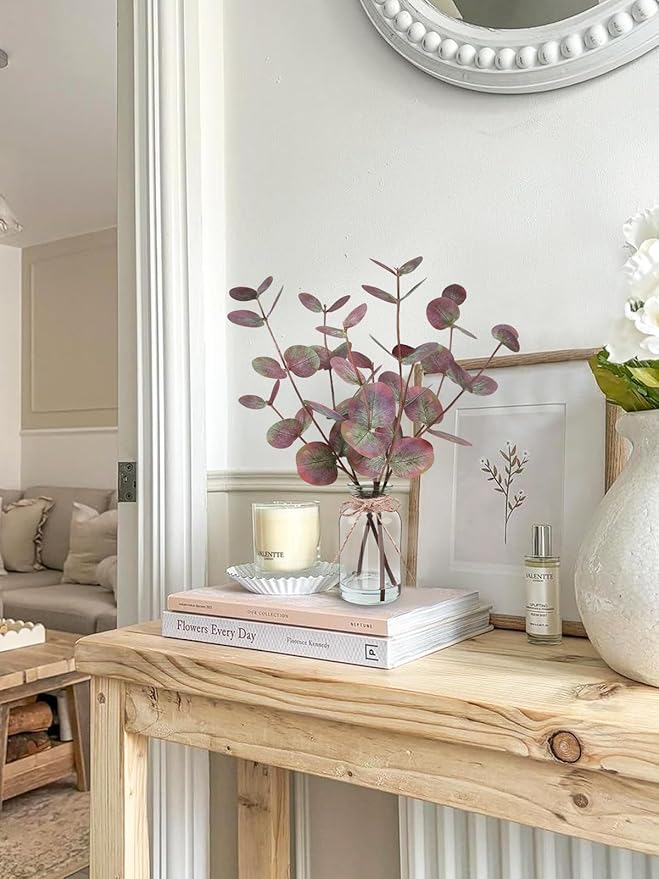 Artificial Eucalyptus Stems in Glass Vase with Faux Water, 14" Fake Plants for Home Decor, Coffee Table Centerpieces, Office, Bathroom & Farmhouse Weddings - Faux Plants Decorations